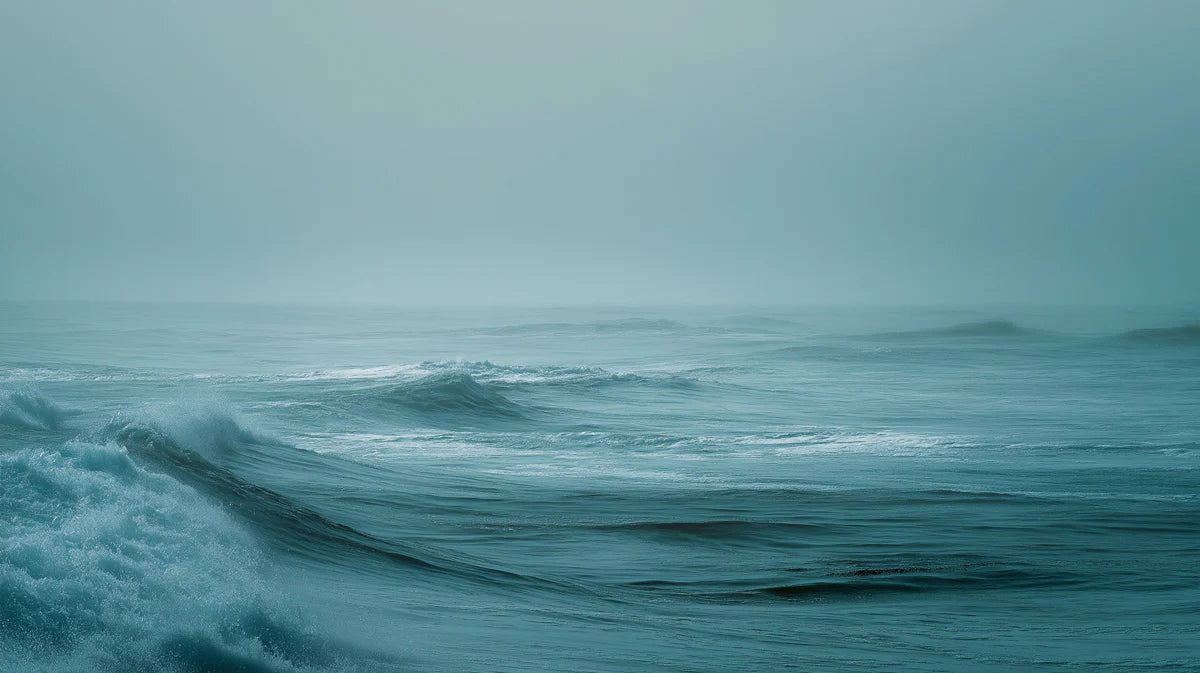 Misty Ocean Wave Mural Wallpaper — Calm Teal Seascape Mural Wallpaper - room preview 04