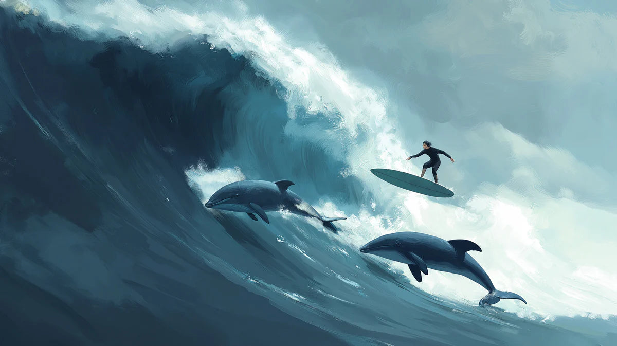 Surfer and Dolphin Ocean Wave Mural Wallpaper — Expressionist Art Mural Wallpaper - room preview 04