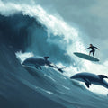Surfer and Dolphin Ocean Wave Mural Wallpaper — Expressionist Art Mural Wallpaper - room preview 04