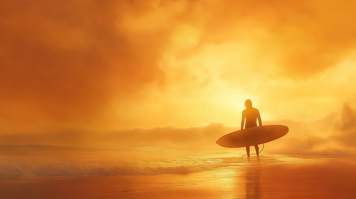 Fiery Surfer Sunset Coastal Mural Wallpaper — Hazy Amber Glow Mural Wallpaper - room preview 04