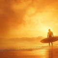 Fiery Surfer Sunset Coastal Mural Wallpaper — Hazy Amber Glow Mural Wallpaper - room preview 04