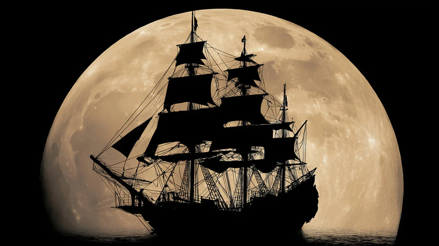 Nautical Wallpaper Mural – Maritime Wall Mural – Full Moon Pirate Ship — Cinematic Nautical Drama printable artwork