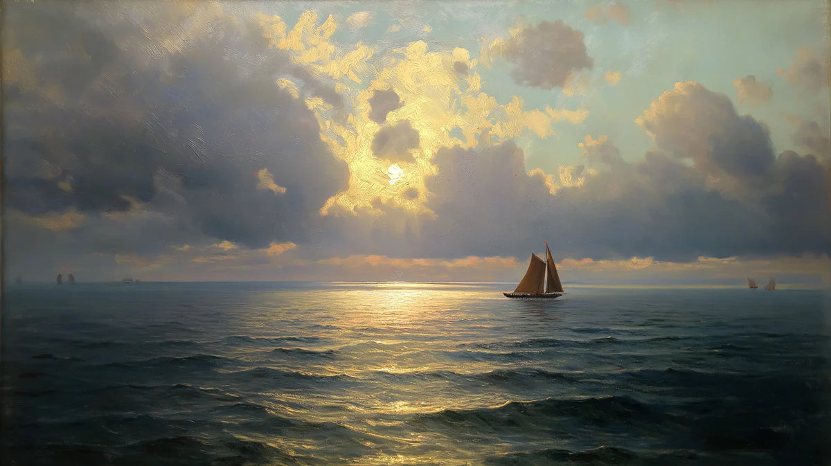 Sailing Ship Golden Sunset Mural Wallpaper — Atmospheric Oil Painting Mural Wallpaper - room preview 04