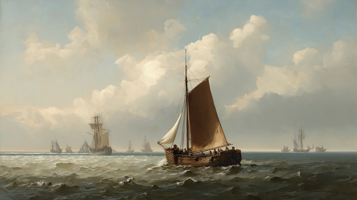 Rustic Coastal Sloop Oil Painting Mural Wallpaper — Maritime Classic Mural Wallpaper - room preview 04