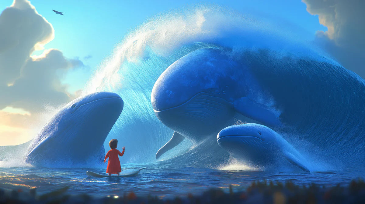 Giant Whales Oceanic Adventure Mural Wallpaper — Cinematic Blue Mural Wallpaper - room preview 04