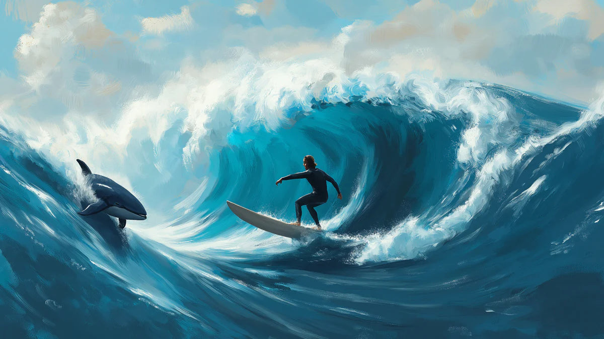 Surfer and Orca Ocean Wave Mural Wallpaper — Impressionist Style Mural Wallpaper - room preview 04