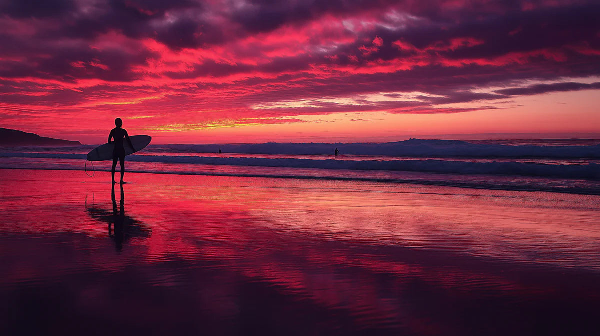 Crimson Sunset Surfer Mural Wallpaper — Dramatic Coastal Scene Mural Wallpaper - room preview 04