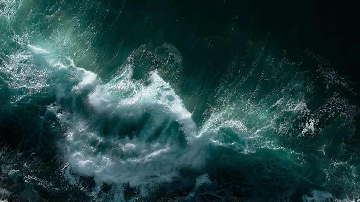 Turbulent Ocean Aerial Mural Wallpaper —Deep Teal Wave Swirls Mural Wallpaper - room preview 04