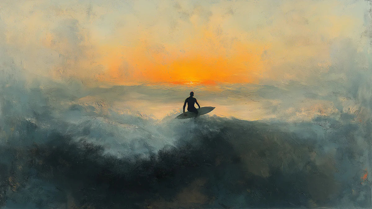 Lone Surfer Seascape Mural Wallpaper — Dramatic Oil Painting Style Mural Wallpaper - room preview 04