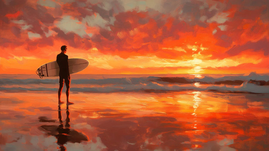 Papier peint mural Silhouette de surfeur au coucher du soleil — Papier peint mural artistique côtier cinématographique printable artwork