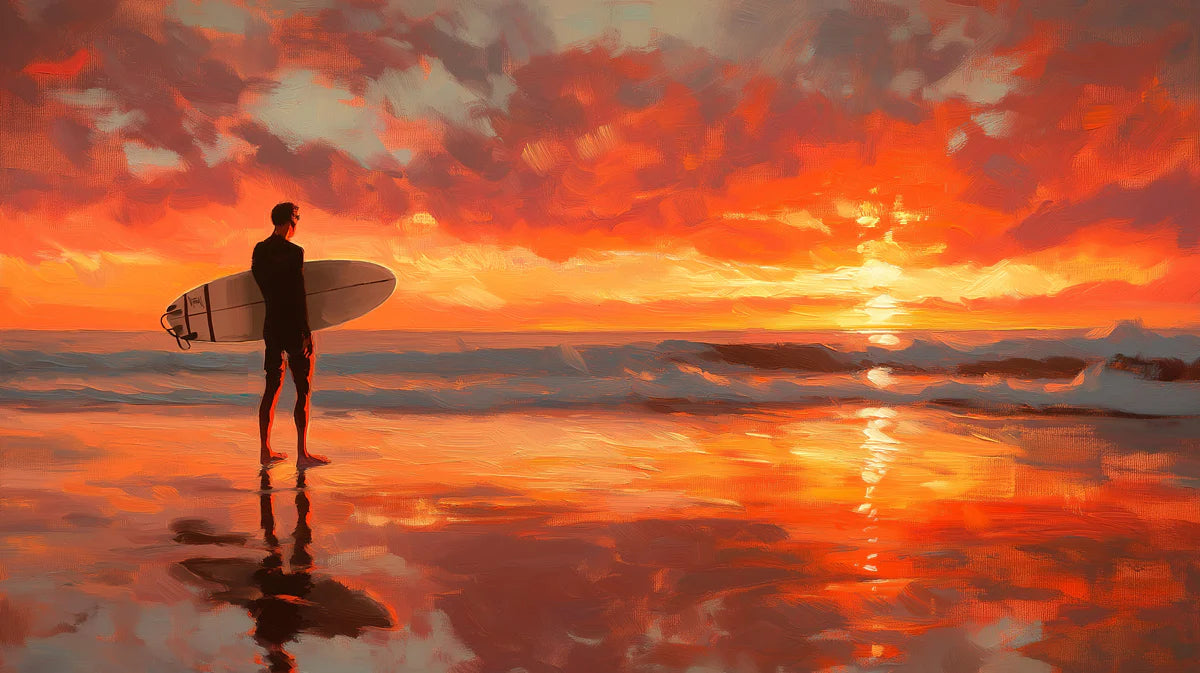 Surfer Silhouette Sunset Mural Wallpaper — Cinematic Coastal Art Mural Wallpaper - room preview 04