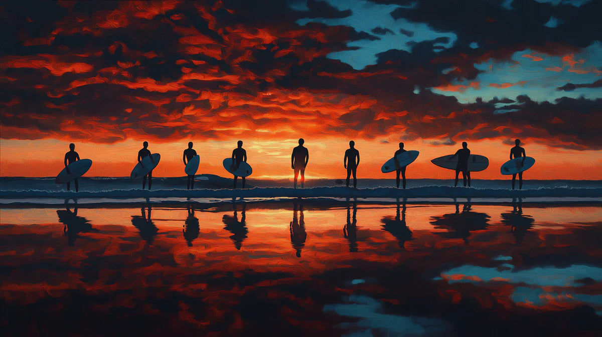 Surfer Lineup Sunset Mural Wallpaper — Dramatic Oil Painting Style Mural Wallpaper - room preview 04