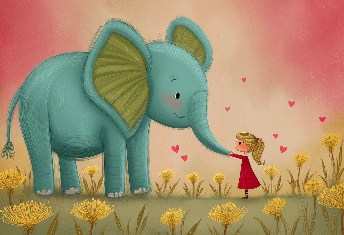 Elephant and Girl Dandelion Field Mural Wallpaper — Whimsical Decor Mural Wallpaper - room preview 04