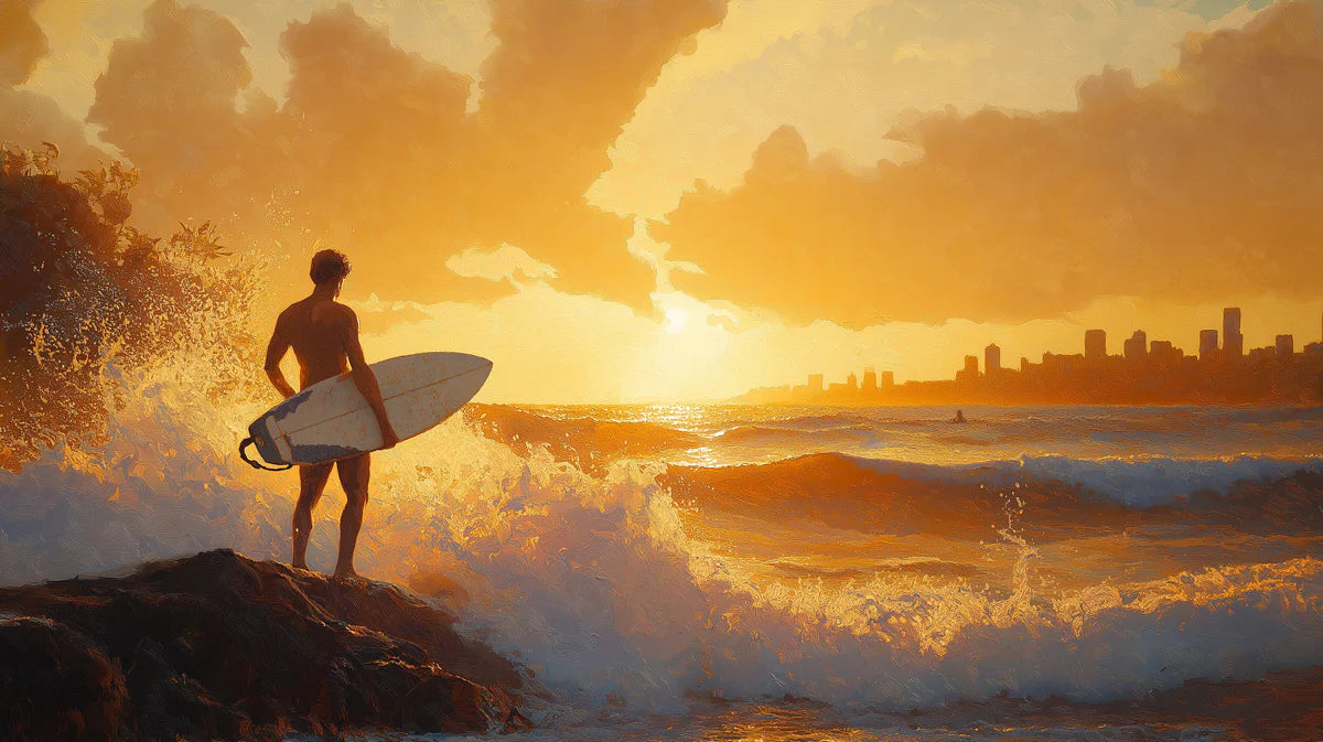 Coastal City Sunset Mural Wallpaper — Impressionist Surfer Scene Mural Wallpaper - room preview 04