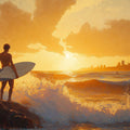 Coastal City Sunset Mural Wallpaper — Impressionist Surfer Scene Mural Wallpaper - room preview 04