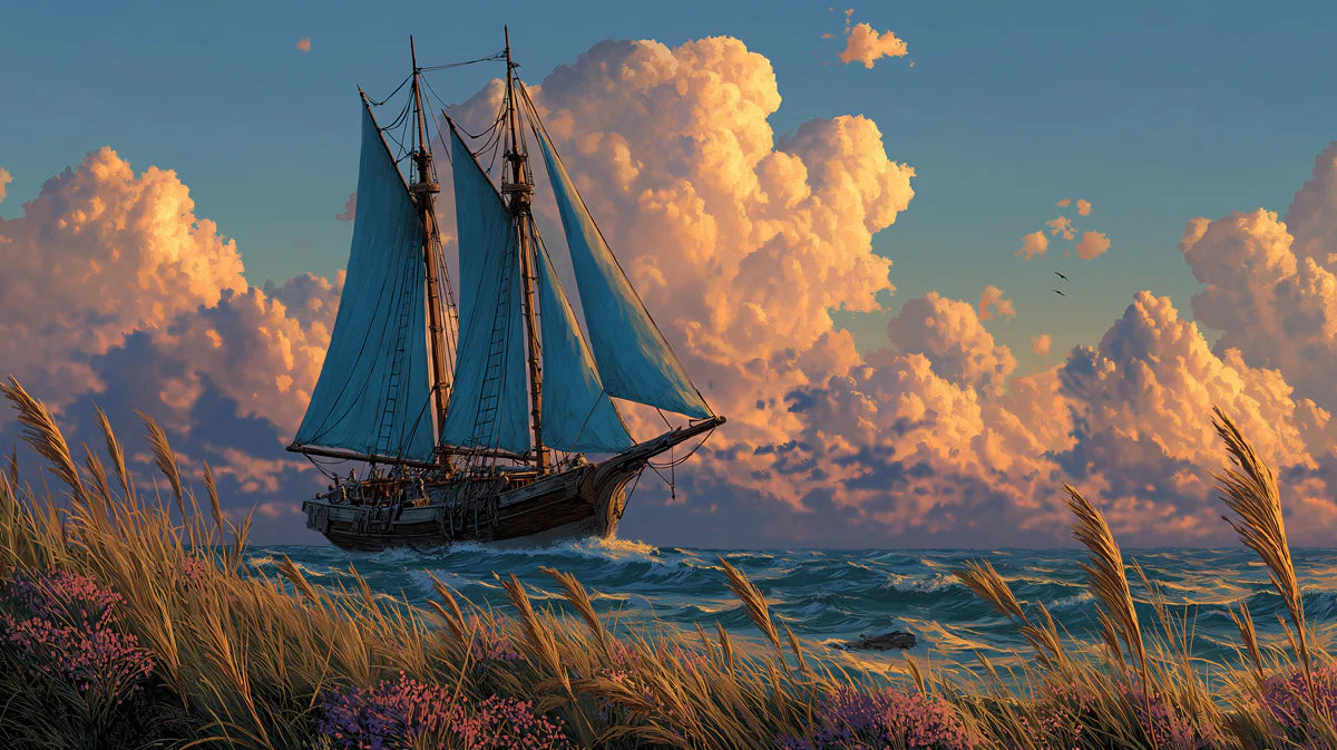 Coastal Schooner Sunset Mural Wallpaper — Dreamy Marine Horizon Mural Wallpaper - room preview 04