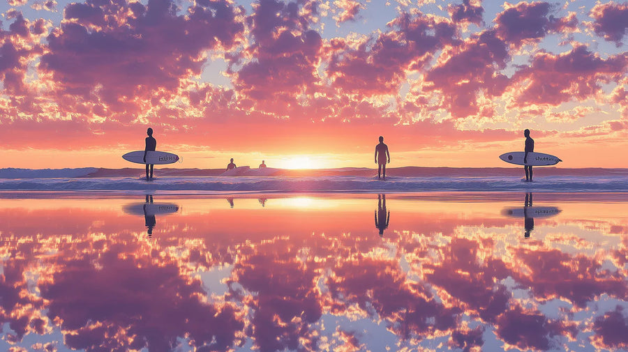 Papier peint mural Coucher de soleil et surfeur — Papier peint mural Horizon de plage vibrant printable artwork