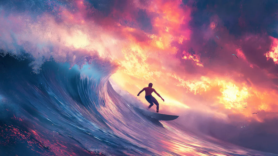 Sea Wallpaper Mural – Ocean Wall Mural – Neon Sunset Surfer Wave — Electric Coastal Decor printable artwork
