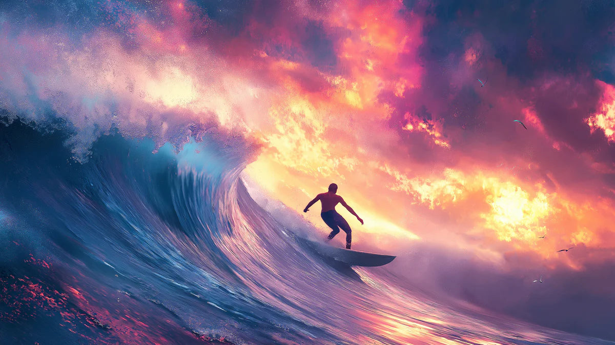 Neon Sunset Surfer Wave Mural Wallpaper — Electric Coastal Decor Mural Wallpaper - room preview 04