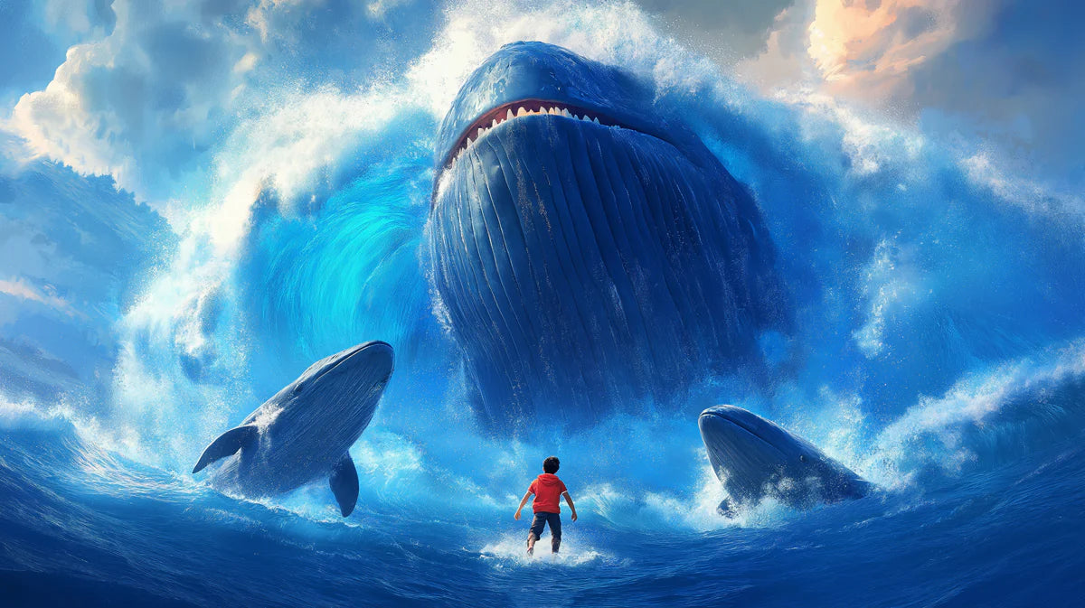 Ocean Giants Encounter Mural Wallpaper — Cinematic Fantasy Scene Mural Wallpaper - room preview 04