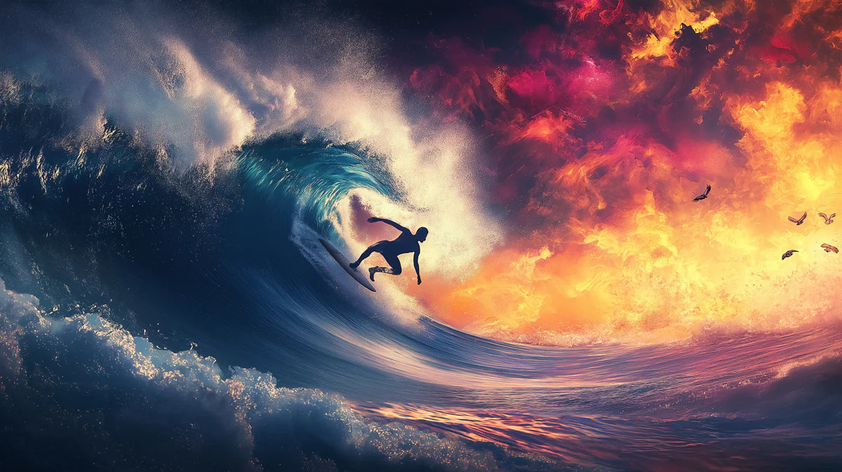 Fiery Surfing Wave Mural Wallpaper — High-Action Coastal Design Mural Wallpaper - room preview 04