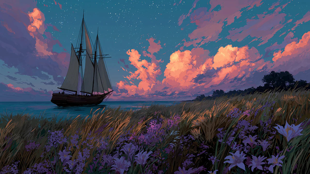 Twilight Sailing Schooner Mural Wallpaper — Artistic Coastal Scene Mural Wallpaper - room preview 04