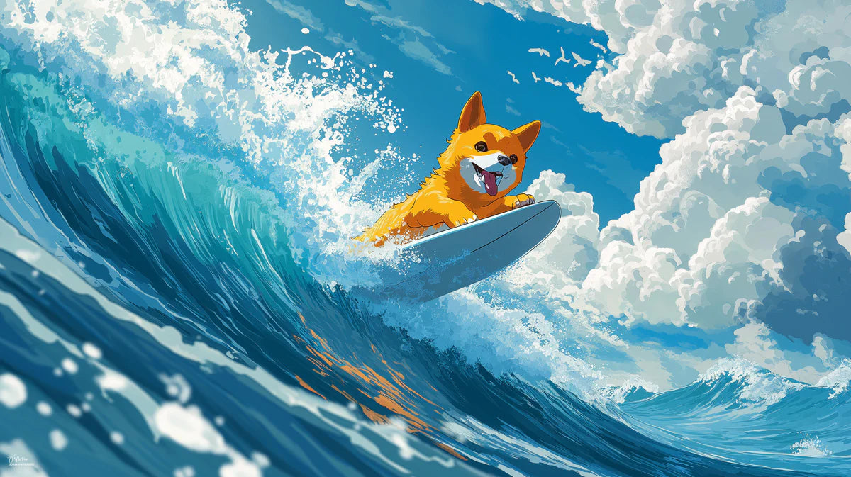 Corgi Surfing Ocean Wave Mural Wallpaper — Playful Coastal Art Mural Wallpaper - room preview 04
