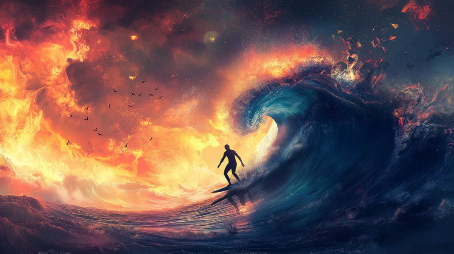 Sea Wallpaper Mural – Ocean Wall Mural – Fiery Ocean Wave Surfing — High Contrast Art printable artwork