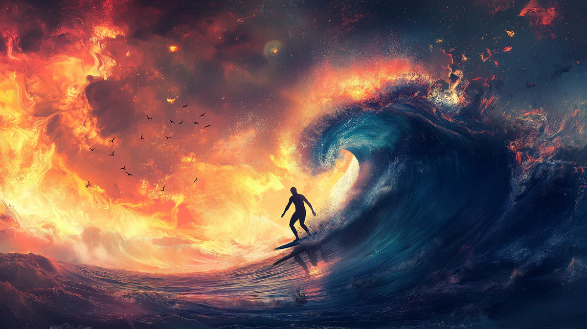Fiery Ocean Wave Surfing Mural Wallpaper — High Contrast Art Mural Wallpaper - room preview 04