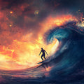 Fiery Ocean Wave Surfing Mural Wallpaper — High Contrast Art Mural Wallpaper - room preview 04