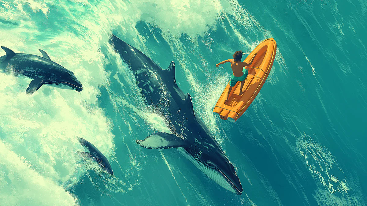 Aerial Ocean Whale and Dolphin Mural Wallpaper — Painterly Adventure Mural Wallpaper - room preview 04