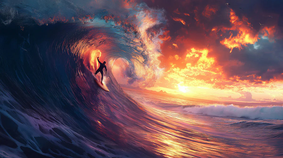 Sunset Wallpaper Mural – Golden Hour Wall Mural – Fiery Sunset Surf — Energetic Ocean Action Art printable artwork
