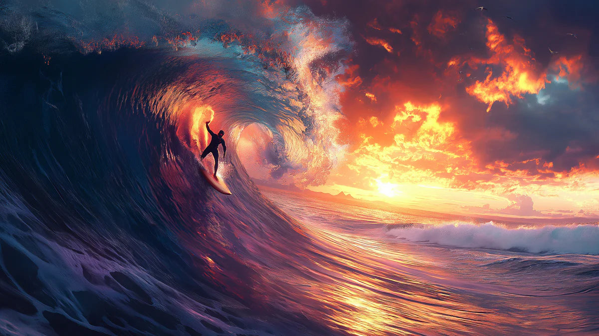 Fiery Sunset Surf Mural Wallpaper — Energetic Ocean Action Art Mural Wallpaper - room preview 04