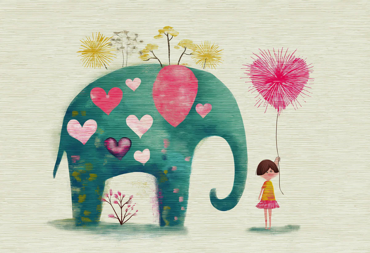 Folk Art Elephant Mural Wallpaper — Whimsical Botanical Design Mural Wallpaper - room preview 04