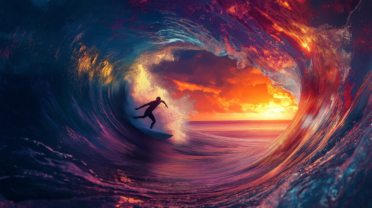 Neon Sunset Surfer Barrel Wave Mural Wallpaper — Electric Energy Mural Wallpaper - room preview 04