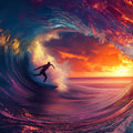 Neon Sunset Surfer Barrel Wave Mural Wallpaper — Electric Energy Mural Wallpaper - room preview 04