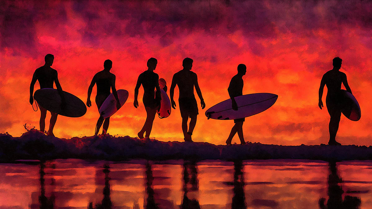 Surfer Silhouettes Mural Wallpaper — Vibrant Sunset Oil Painting Mural Wallpaper - room preview 04