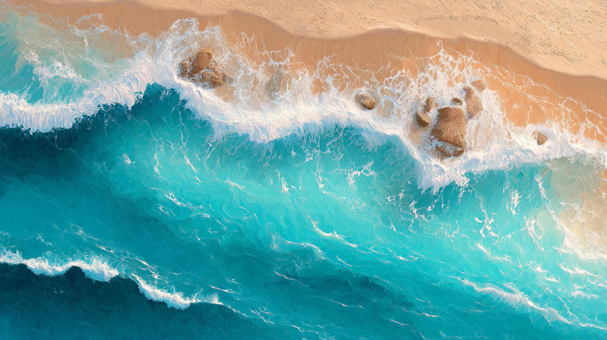Aerial Ocean Waves and Sand Mural Wallpaper — Coastal Art Mural Wallpaper - room preview 04