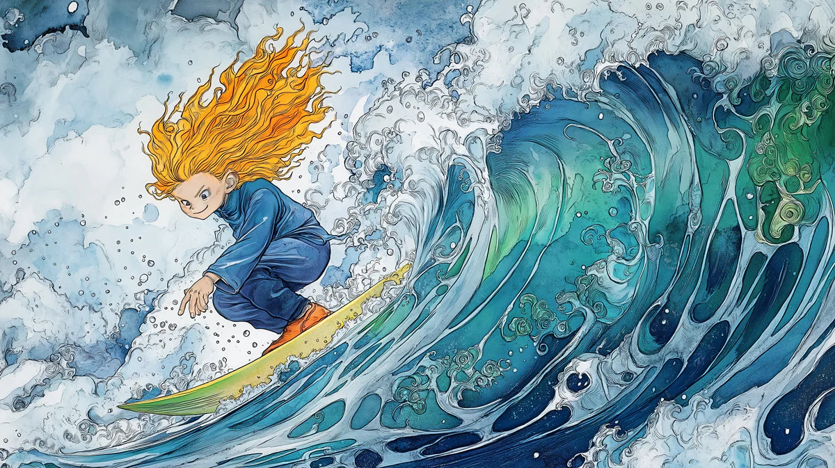 Surfer Girl Watercolor Mural Wallpaper — High-Energy Ocean Art Mural Wallpaper - room preview 04