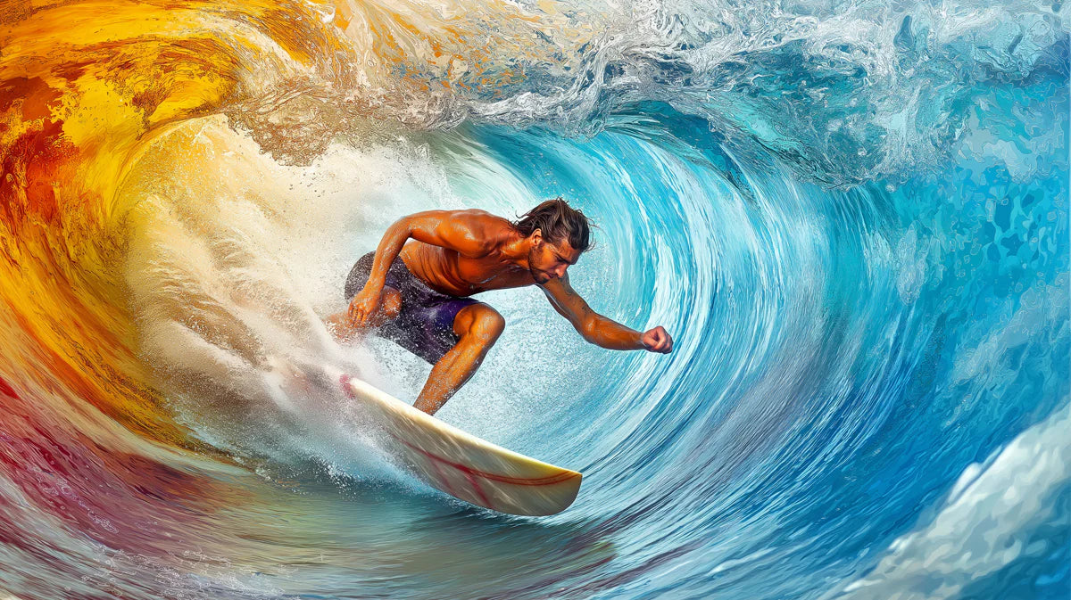 Fiery Ocean Barrel Surfing Mural Wallpaper — High Energy Coastal Art Mural Wallpaper - room preview 04