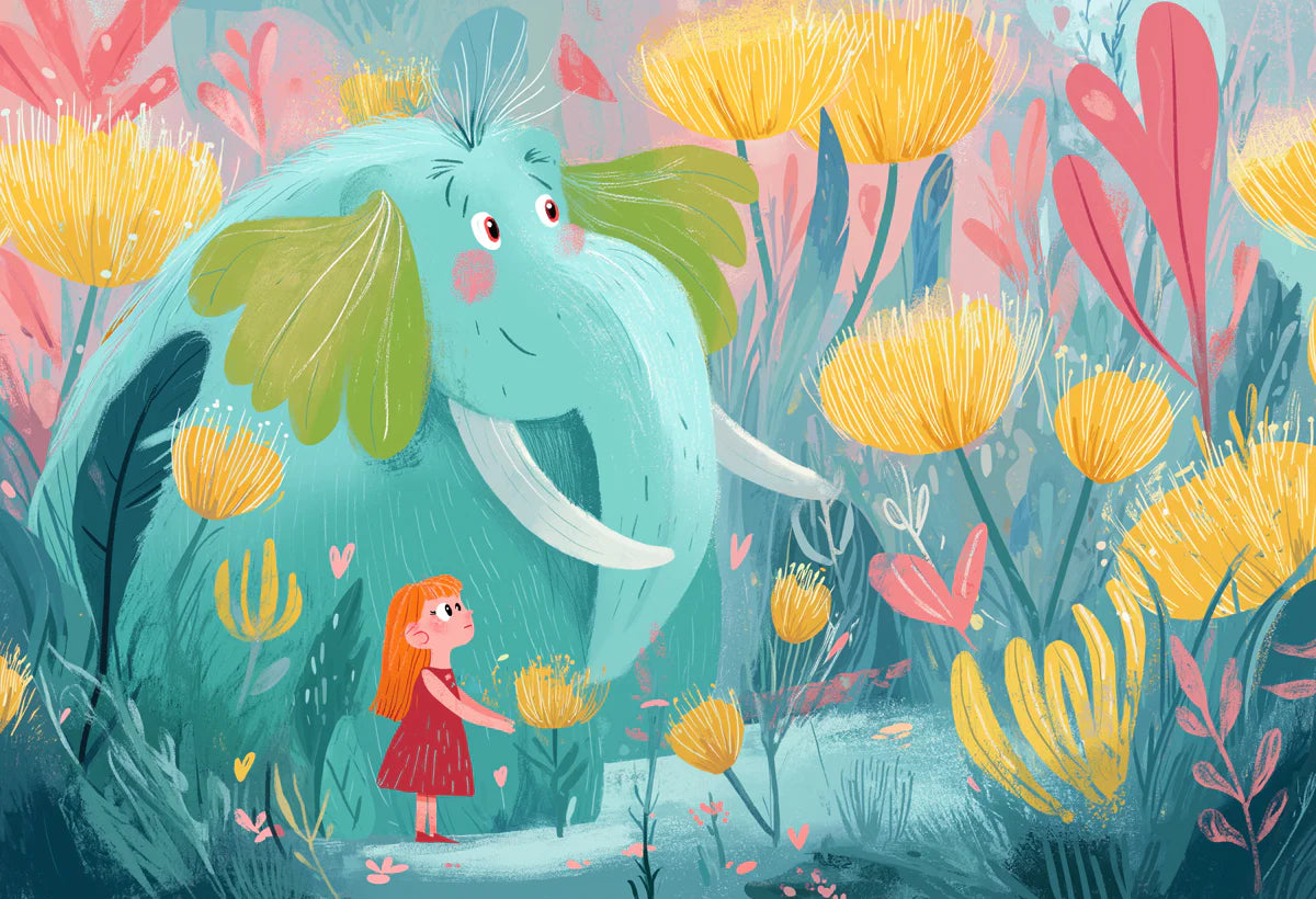 Fantasy Elephant and Meadow Mural Wallpaper — Whimsical Kids Art Mural Wallpaper - room preview 04