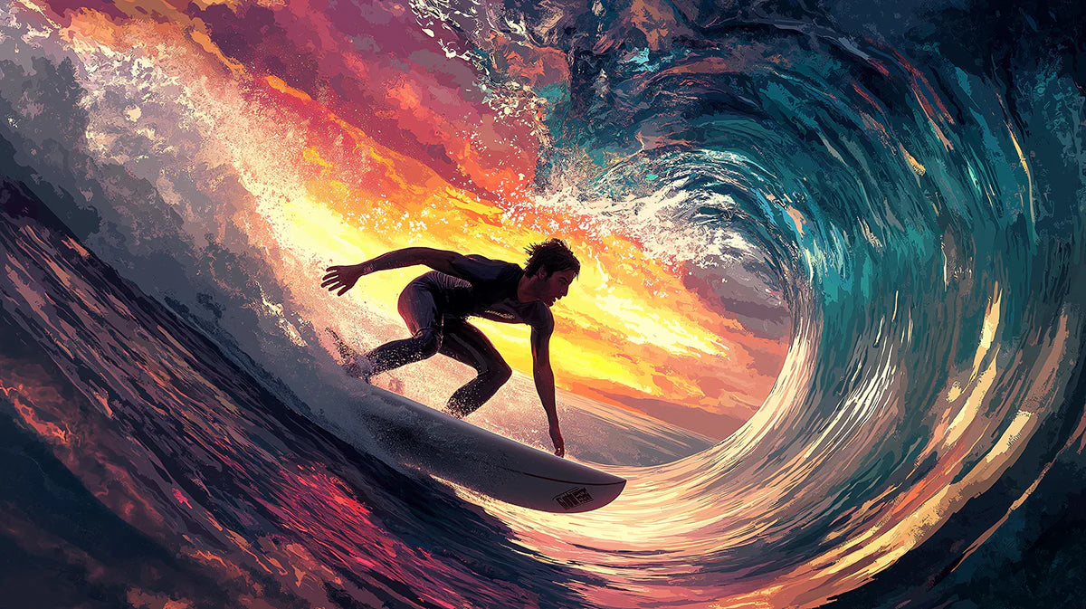 Sunset Surfer Barrel Wave Mural Wallpaper — Dynamic Ocean Art Mural Wallpaper - room preview 04