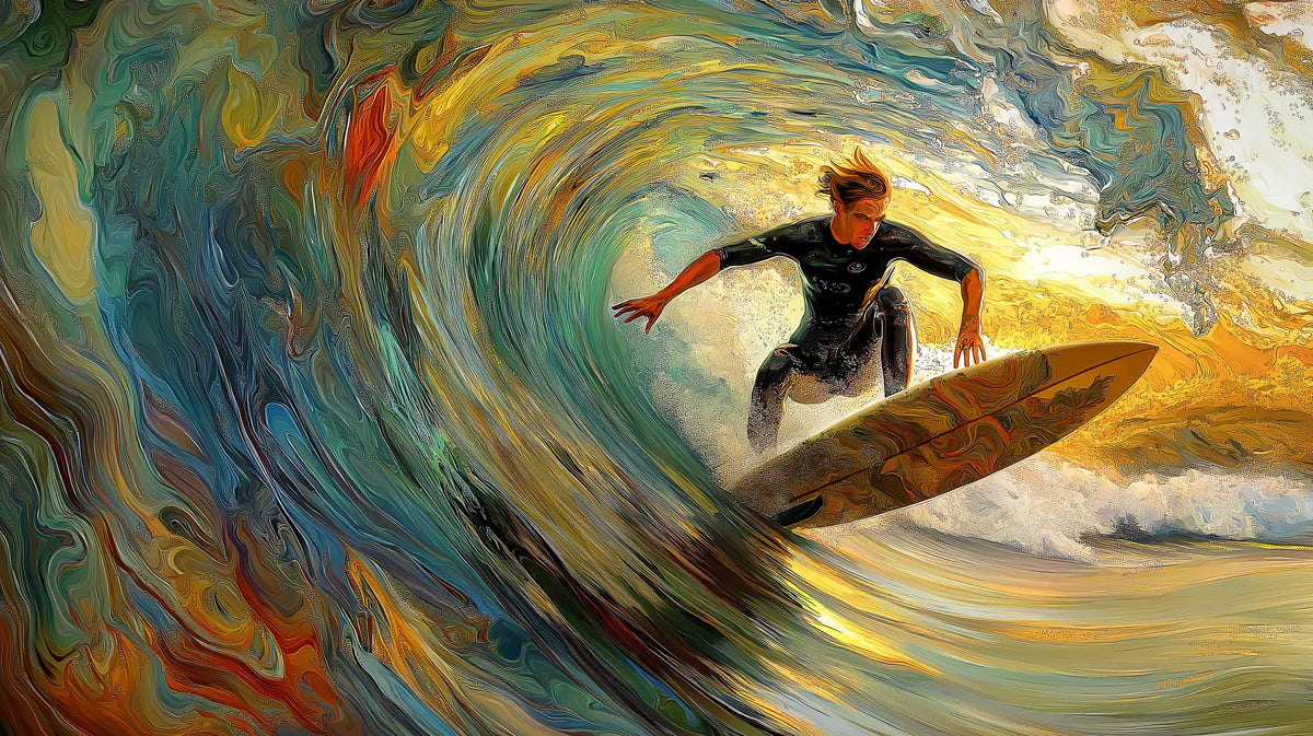 Surfer Wave Impressionist Mural Wallpaper — Dynamic Coastal Art Mural Wallpaper - room preview 04