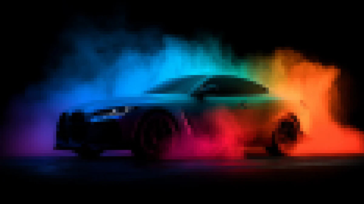 Neon Pixel Smoke Sports Car Mural Wallpaper — High-Octane Digital Mural Wallpaper - room preview 04