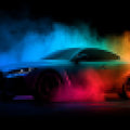 Neon Pixel Smoke Sports Car Mural Wallpaper — High-Octane Digital Mural Wallpaper - room preview 04