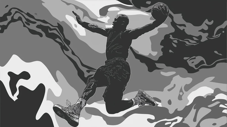Abstract Wallpaper Mural – Modern Art Wall Mural – Basketball Dunk Abstract — Monochrome Camo Design printable artwork