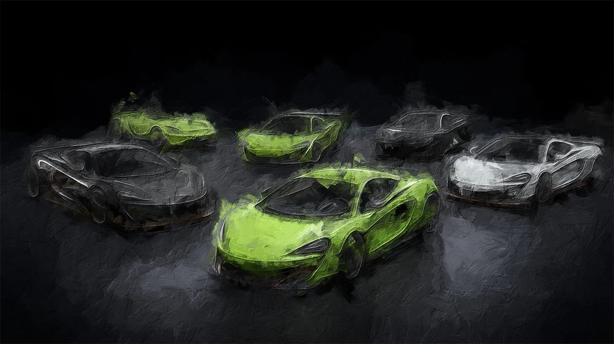 Neon Hypercar Cluster Mural Wallpaper —Expressionistic Oil Style Mural Wallpaper - room preview 04