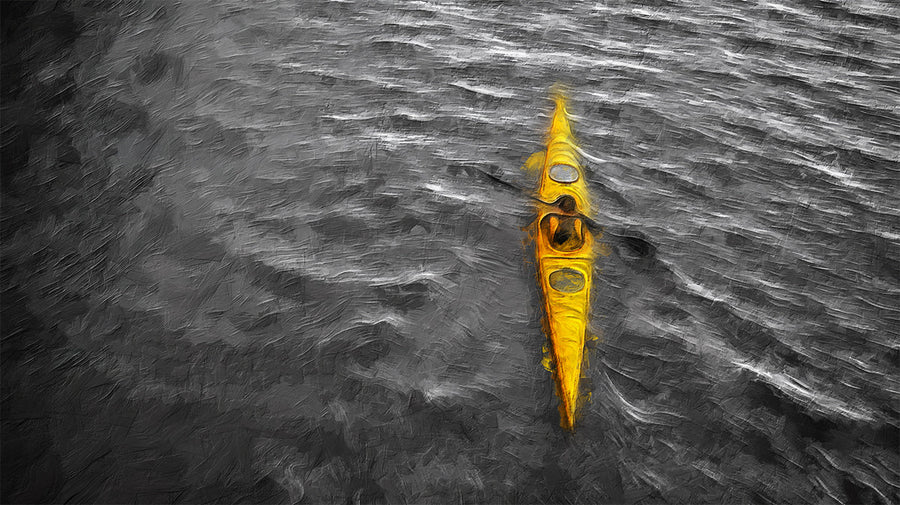 Papier Peint Mural Kayak Jaune Solitaire — Papier Peint Mural Style Peinture à l'Huile Dramatique printable artwork