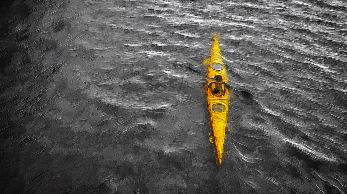 Solo Yellow Kayak Mural Wallpaper — Dramatic Oil Painting Style Mural Wallpaper - room preview 04