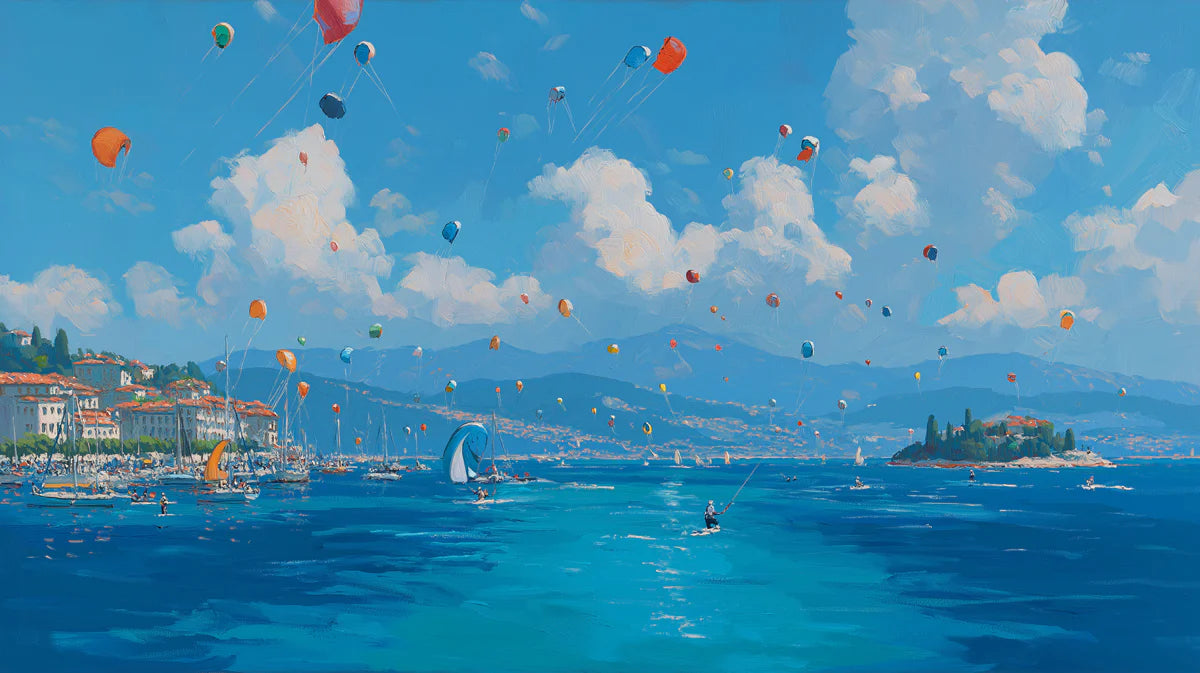 Mediterranean Kite Festival Mural Wallpaper — Coastal Oil Painting Mural Wallpaper - room preview 04